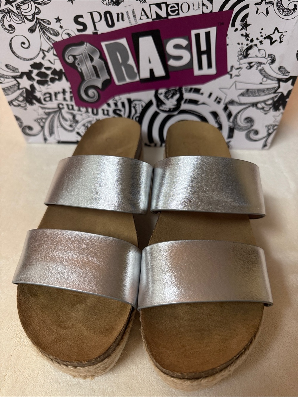 Brash Silver Double-Strap Espadrille Slide Sandals